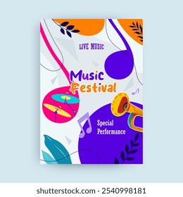 poster template design for music concert. Lively celebrations featuring trumpet musical instruments. There are musical note elements. Music festival design concept