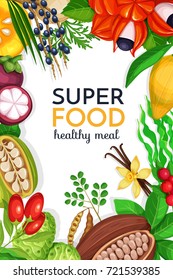 Poster template design with superfood fruits and beries for detox product menu design. Vector llustration.