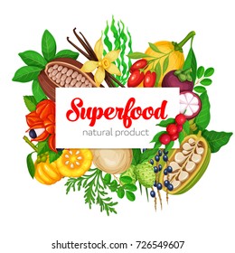 Poster template design with superfood fruits and beries for detox product menu design. Vector llustration.