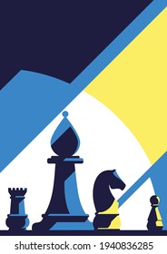 Poster template with different chess pieces. Strategy concept art in flat design.