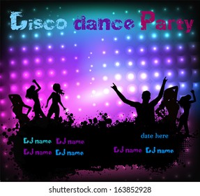 Poster template for disco party with silhouettes of dancing people and grunge elements