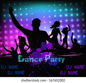 Poster template for disco party with silhouettes of dancing people and grunge elements