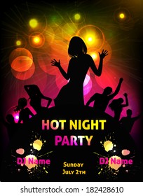 Poster template for disco party with silhouettes of dancing people and grunge elements