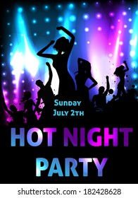 Poster template for disco party with silhouettes of dancing people and grunge elements