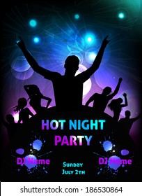 Poster template for disco party with silhouettes of dancing people and grunge elements