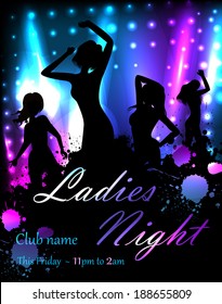 Poster template for disco party with silhouettes of dancing people and grunge elements