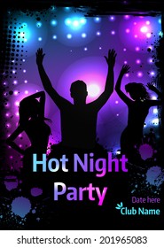 Poster template for disco party with silhouettes of dancing people and grunge elements