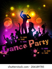 Poster template for disco party with silhouettes of dancing people and grunge elements