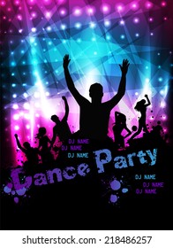 Poster template for disco party with silhouettes of dancing people and grunge elements