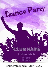 Poster template for disco party with silhouettes of dancing people and grunge elements