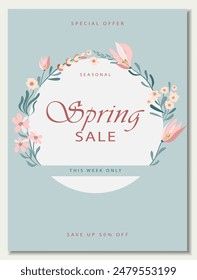 Poster template with discounts and special offers with abstract delicate spring flowers. Easter spring sales banner in pastel colors. Flat Vector illustration
