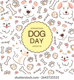 Poster template with dog silhouettes, bones, and animal toys, with a frame and space for text. Square design with cute dog silhouettes for International Dog Day. Graphic design for greeting cards.