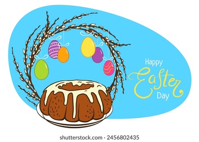 poster template for Easter day. Easter pannettone  cake for greeting card, poster, invitation, banner, menu design. willow wreath,  Eggs, easter sweet. Hand drawn  doodle illustration