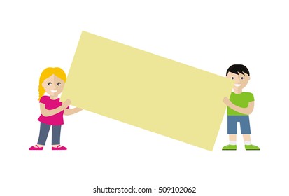 Poster template with empty paper sheet. Smiling blonde girl and brunet boy holding blank board flat vector illustration isolated on white background. For advertising, presentation, announcement design