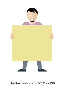 Poster template with empty paper sheet. Smiling bearded brunet man  holding blank board flat vector illustration isolated on white background. For advertising, presentation, announcement design