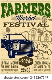 Poster template for farmers market with pickup truck. Color vector illustration.
