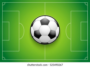 Poster Template with Football Ball on grass field. Cup and Tournament Advertising. Sport Event Announcement. Vector Illustration.