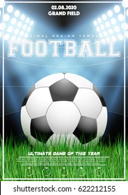 Poster Template with Football Tournament. Soccer ball on grass and night stadium. Cup and Trophy Advertising. Sport Event Announcement. Vector Illustration.