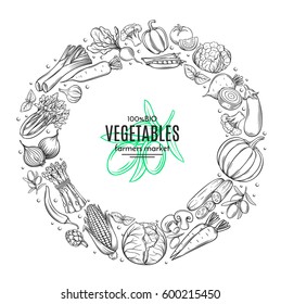 Poster template frame with hand drawn vegetables for farmers market menu design. Healthy food concept. Vector vintage illustration.