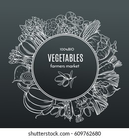 Poster template frame with hand drawn vegetables for farmers market menu design. White on black. Healthy food concept. Vector vintage illustration.