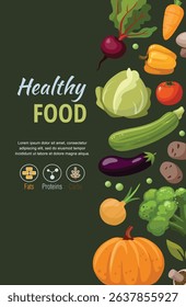 Poster template with fresh vegetables and text on dark background. Healthy food concept.