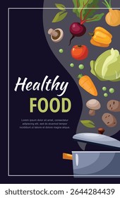 Poster template with fresh vegetables and text on dark background.