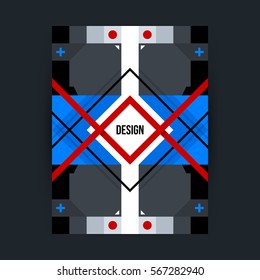 Poster template with futuristic geometric elements. Style of constructivism and modern art. Bright colors, simple shapes.