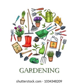 Poster template with gardening tools and flowers. Rubber boots, seedling, tulips, gardening can and cutter. Fertilizer, glove, crocus, insecticide, wheelbarrow and watering hose. Vector illustration