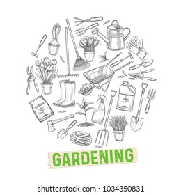 Poster template with gardening tools and flowers. Rubber boots, seedling, tulips, gardening can and cutter. Fertilizer, glove, crocus, insecticide, wheelbarrow and watering hose. Vector illustration