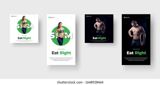 Poster Template With A Girl And A Man On The Topic Of Sports And Nutrition For Advertising In Stories And Post. Banner Design On A White And Black Background. Personal Trainer And Nutritionist