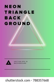 Poster template with glowing neon triangle on holographic background.
