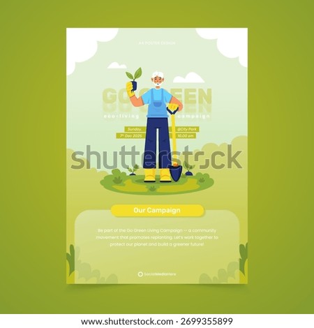 Poster template with Go Green and tree replanting design. Cartoon of a man gardening with tree seeds. Environmental care poster vector design.