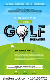 Poster Template For Golf Tournament With Golf Ball On Tee, Green Grass And Blue Sky With Clouds. Vector Illustration.