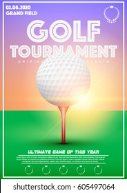 Poster Template With Golf Tournament. Cup And Trophy Advertising. Sport Event Announcement At Sunset Background. Vector Illustration.