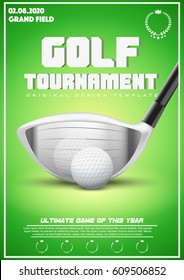 Poster Template With Golf Tournament. Cup And Trophy Advertising. Sport Event Announcement. Vector Illustration.