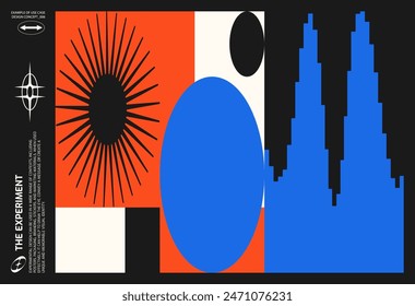 Poster template graphic design in Brutalism style. Vector cover layout with abstract elements and geometric shapes, useful for poster art, website headers, front page design, decorative prints.