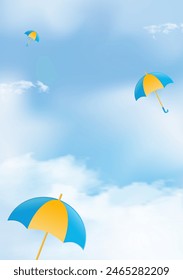 Poster template for Great Monsoon Sale design with colorful umbrellas and clouds. Vertical position. Vector illustration