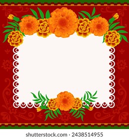 Poster template, greeting card decorated with marigolds.Frame for your text for Dia de los muertos, Diwali and other holidays.Vector illustration