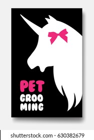 Poster template of grooming service pet with white unicorn s hea