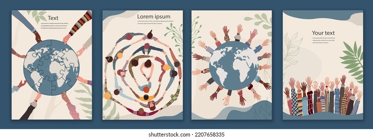 Poster template with group of people of diverse culture in a circle holding hands together and cooperating for an eco and clean environment and earth. Community. Environmental Protection