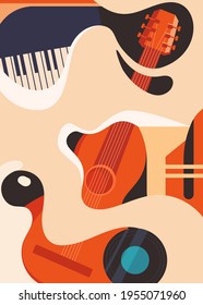 Poster template with guitar and piano. Jazz concept art.