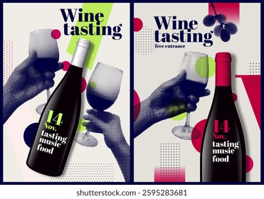 Poster template with halftone effect of hand and wine glass, and bottle realistic illustration. Mock-up text for poster composition. Vector