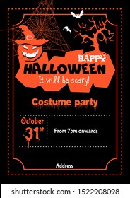 Poster template poster for Halloween approximate text on a black background in retro style with a pumpkin, a tree and bats in the frame