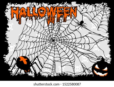Poster poster template for Halloween holiday with place for text on grey background with skulls, with big spider web, evil spider and pumpkin