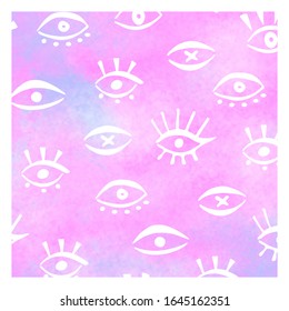 Poster template with hand draw doodle eye on gradient purple background. Print wallpaper for fashion store, beauty salon, web page. Vector Illustration