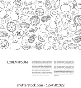 Poster template with hand drawn fruit. Unique line style vector illustration. Organic product for healthy food concept, place for text. Horizontal composition