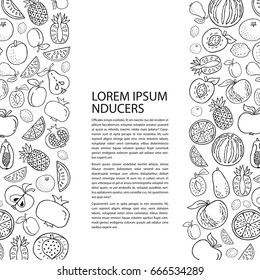 Poster template with hand drawn fruit. Unique line style vector illustration. Organic product for healthy food concept, place for text. Vertical composition