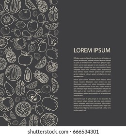 Poster template with hand drawn fruit. Unique line style vector illustration. Organic product for healthy food concept, place for text on black background