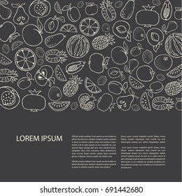 Poster template with hand drawn fruit. Unique line style vector illustration. Organic product for healthy food concept, place for text. Horizontal composition
