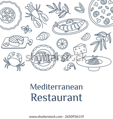 Poster template with hand drawn outline mediterranean food. Perfect for cafe flyer, restaurant brochure, delivery booklet. Vector illustration